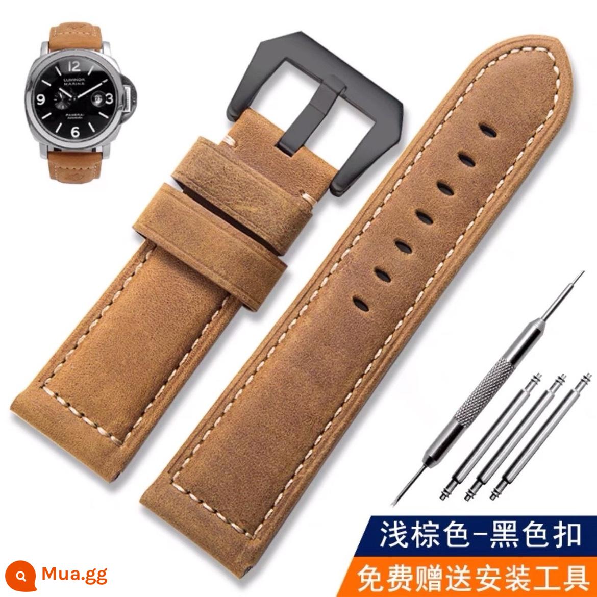 Dây da ngựa điên thích hợp cho đồng hồ nam Panerai Dây da thật Panerai PAM111 dây đeo tay 18-24mm - khóa đen nâu nhạt