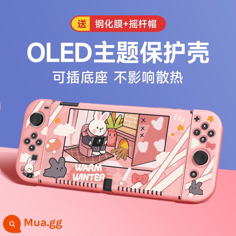 Vỏ bảo vệ công tắc có thể được cắm vào đế Vỏ bảo vệ công tắc Nintendo Vỏ bảo vệ tay cầm vỏ mềm thân thiện với da ns nước mắt mờ vương quốc silicone trong suốt túi lưu trữ vỏ cứng - Vỏ mềm thân thiện với da OLED [Thỏ nhà] đi kèm khung thỏ + màng cường lực + mũ