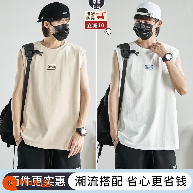 Áo thun không tay nam mùa hè bé trai hợp thời trang vest áo khoác nam cotton thuần thể thao lưới đỏ thể dục bóng rổ vest nam - Mai + trắng (2 cái giảm 10)