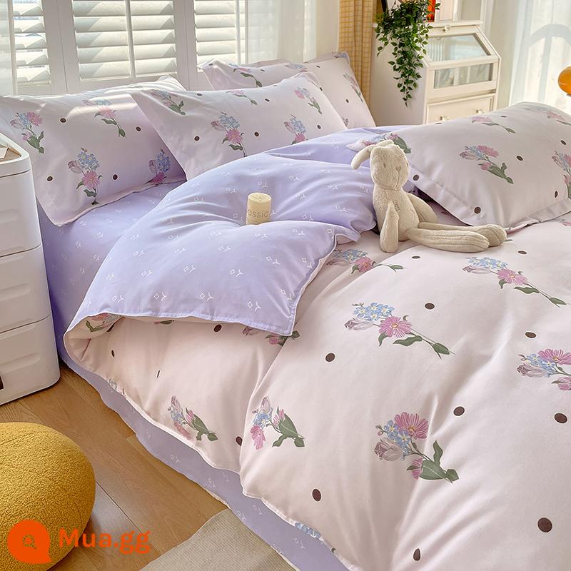 Vỏ chăn một mảnh cotton nguyên chất đơn và đôi mùa thu đông 1,5 mét ký túc xá 150x200x230 vỏ chăn dày chải 180 - Thơ cành lá-Tím