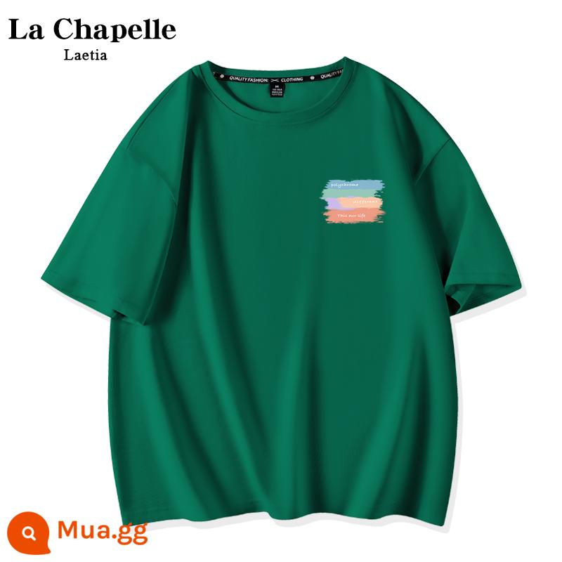 Áo thun trắng ngắn tay sọc màu La Chapelle nữ 2023 cotton mùa hè mới trễ vai cặp đôi hàng đầu X - Cuộc sống xanh đậm đầy màu sắc_K