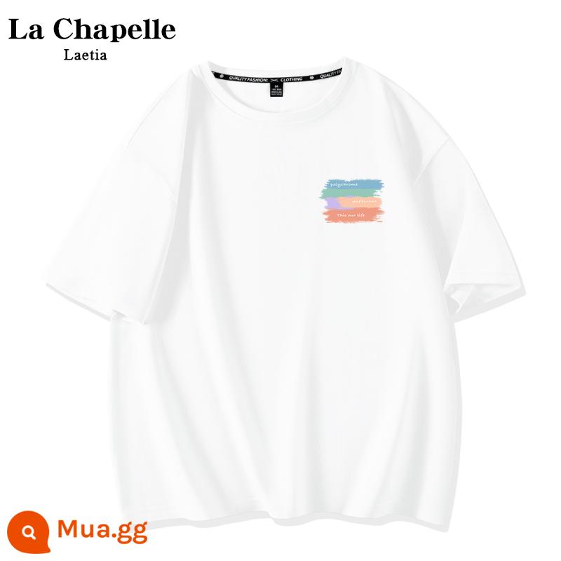 Áo thun trắng ngắn tay sọc màu La Chapelle nữ 2023 cotton mùa hè mới trễ vai cặp đôi hàng đầu X - Cuộc sống đầy màu sắc trắng_K