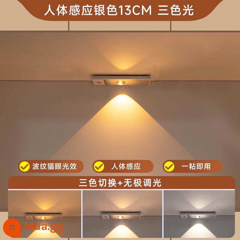 Đèn Led Sạc Cảm Ứng Không Dây Tự Dính Tủ Giày Tổng Thể Dải Ánh Sáng Tủ Sóng Thanh Ánh Sáng Tủ Rượu Dây Miễn Phí Tủ Quần Áo Thắt Lưng Ánh Sáng - Bạc 13cm [1 nếp gấp] - đèn ba màu (siêu mỏng + cảm biến + điều khiển ánh sáng + luôn sáng)