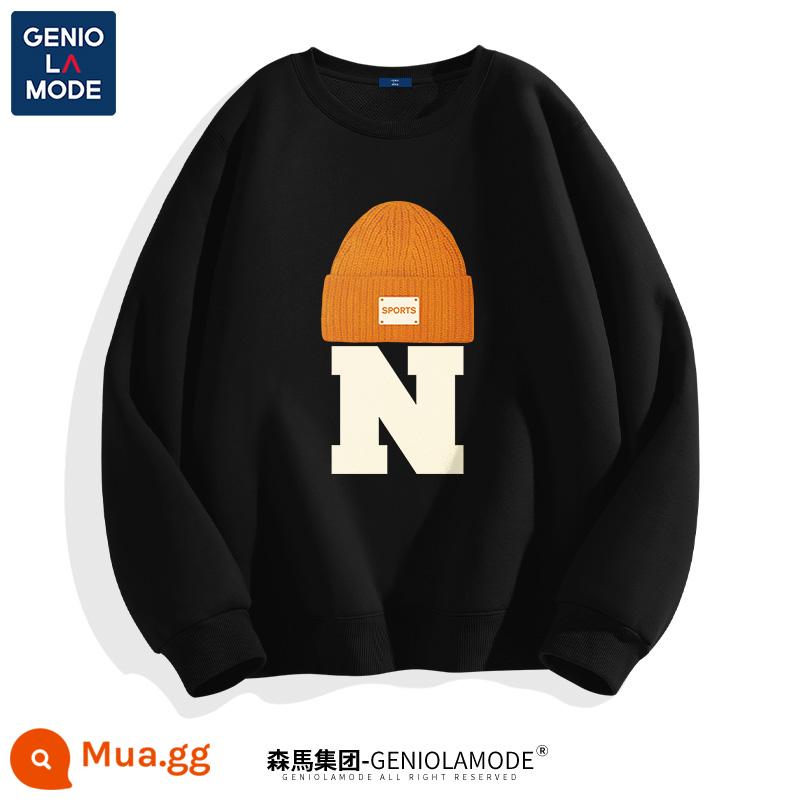 Tập đoàn Semir GENIOLAMODE cotton dày cổ tròn T nam mùa xuân và mùa thu nam nhung quần áo nam quần áo bé trai thời trang mùa đông - [Phong cách xuân thu] Đen (phông chữ mũ ​​dòng)