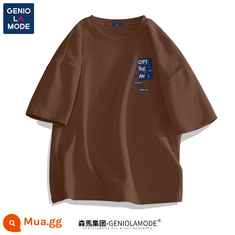 Semir Group GENIOLAMODE áo thun cotton nam ngắn tay áo thun nam màu trắng dáng rộng mùa hè cho nam - Màu cà phê (logo ngực sứa tưởng tượng)