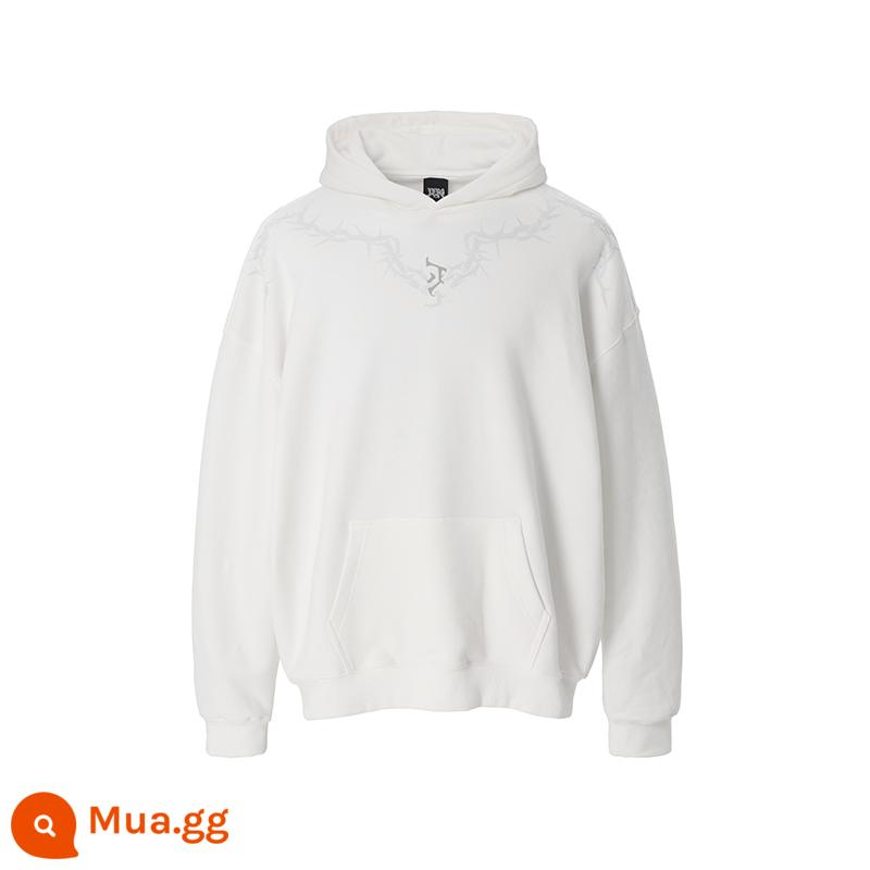 JHYQ mùa xuân và mùa thu cơ bản gai loạt LOGO in offset 360g áo nỉ trùm đầu nam dáng rộng dệt kim áo hoodie nữ sinh viên - Trắng