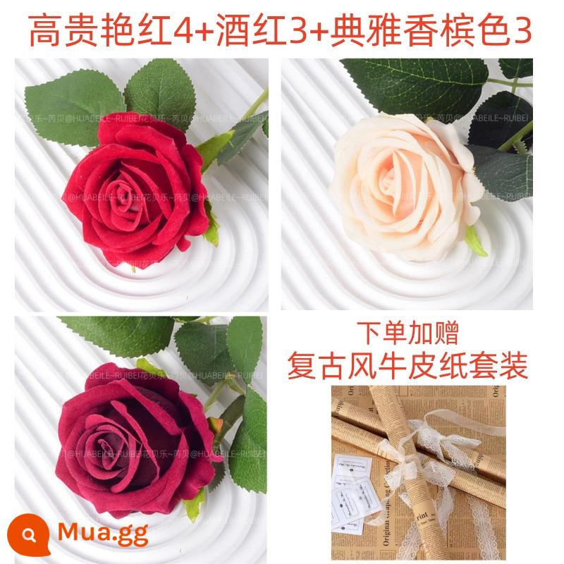 Mô Phỏng Hoa Hồng Trang Trí Lễ Tình Nhân Tặng Nhung Nhân Tạo Hoa Giả Hoa Phòng Khách Trang Trí Hoa Handmade Nghệ Thuật - Màu đỏ quý phái 4 màu đỏ tía 3 màu sâm panh 3 [giấy kraft hoa + ren + nhãn dán miễn phí]