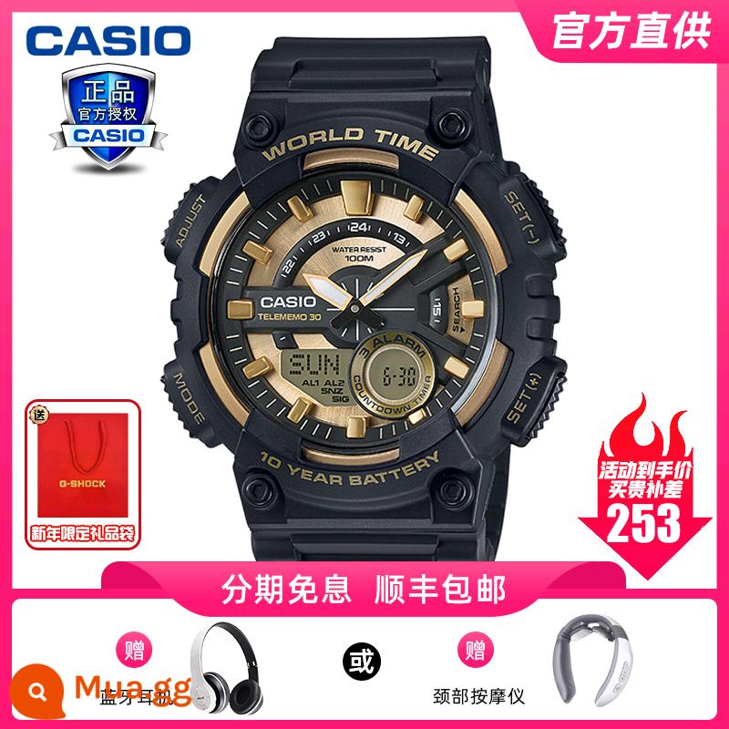 Đồng hồ CASIO nam sinh viên thể thao chiến binh màu đen trái tim bóng tối AEQ110 đồng hồ điện tử giới hạn đồng hồ thạch anh vàng đen - AEQ-110BW-9A Bơi/con trỏ phát sáng/tai nghe Bluetooth không dây miễn phí