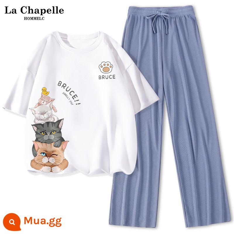 La Chapelle sinh viên giản dị bộ đồ thể thao nữ mùa hè 2023 mới mùa hè băng lụa quần ống rộng 2 bộ J - Trắng (Nhãn rương Mèo Vuốt_Nhãn rương Mèo Vuốt_Dấu dưới bên phải Mèo Vuốt) + quần xanh (để trống)