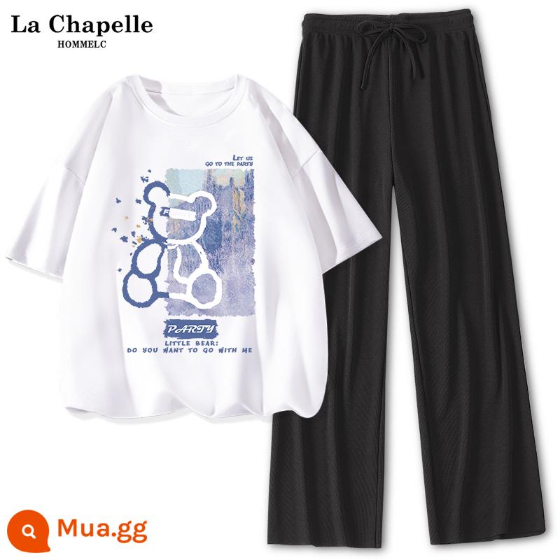 La Chapelle sinh viên giản dị bộ đồ thể thao nữ mùa hè 2023 mới mùa hè băng lụa quần ống rộng 2 bộ J - Trắng (gấu xanh) + quần đen (trống)