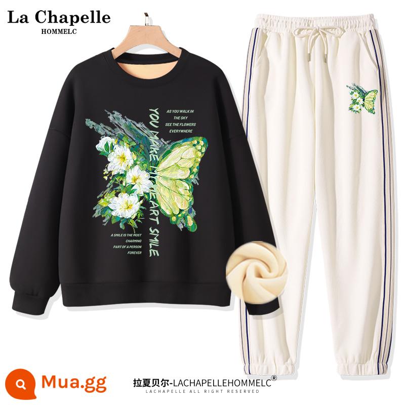 Bộ đồ thể thao nữ La Chapelle mùa xuân và mùa thu 2022 mới mùa thu cỡ lớn quần dài nữ 2 món - [Phong cách lông cừu] đen (sơn dầu lớn màu xanh lá cây bướm) + quần trắng sữa (nhãn quần áo sơn dầu màu xanh lá cây bướm)