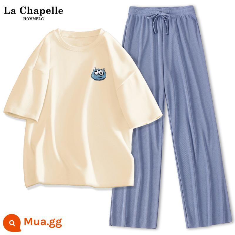 Bộ đồ thể thao La Chapelle nữ 2023 mùa hè mới cotton nữ tay ngắn lụa băng quần ống rộng 2 bộ J - Màu trắng sữa (logo ngực xấu) + quần xanh (trống)