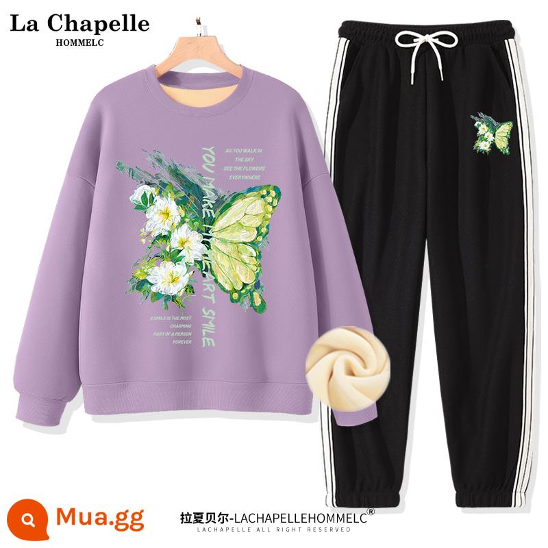 Bộ đồ thể thao nữ La Chapelle mùa xuân và mùa thu 2022 mới mùa thu cỡ lớn quần dài nữ 2 món - [Phong cách lông cừu] Khoai môn tím (sơn dầu lớn màu xanh lá cây bướm) + quần đen (nhãn quần áo sơn dầu màu xanh lá cây bướm)