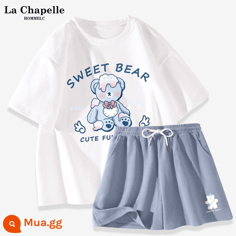 La Chapelle Bộ Đồ Thể Thao Nữ Mặc Mùa Hè 2023 Áo Thun Cotton Mùa Hè Mới Quần Short Nữ Tay Ngắn 2 Bộ - Trắng (Gấu Bru) + Quần Xanh (Gấu Edelweiss Quần phía trước bên trái)