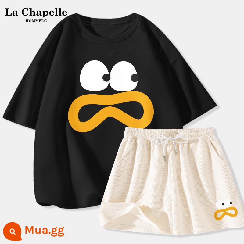 La Chapelle mùa hè bộ đồ thể thao phù hợp với nữ 2023 mùa hè mới học sinh cấp hai quần short thường ngày hai mảnh J - Đen (chết lặng) + quần trắng sữa (quần chết lặng phía trước bên trái)