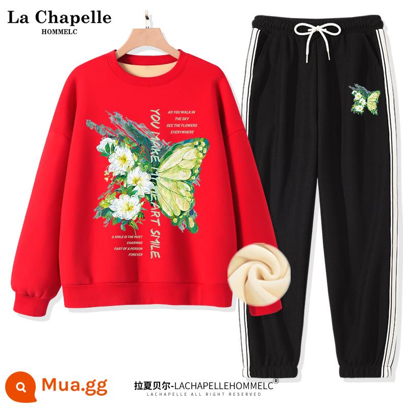 Bộ đồ thể thao nữ La Chapelle mùa xuân và mùa thu 2022 mới mùa thu cỡ lớn quần dài nữ 2 món - [Phong cách lông cừu] Đỏ (sơn dầu lớn màu xanh lá cây bướm) + quần đen (nhãn quần áo sơn dầu màu xanh lá cây bướm)