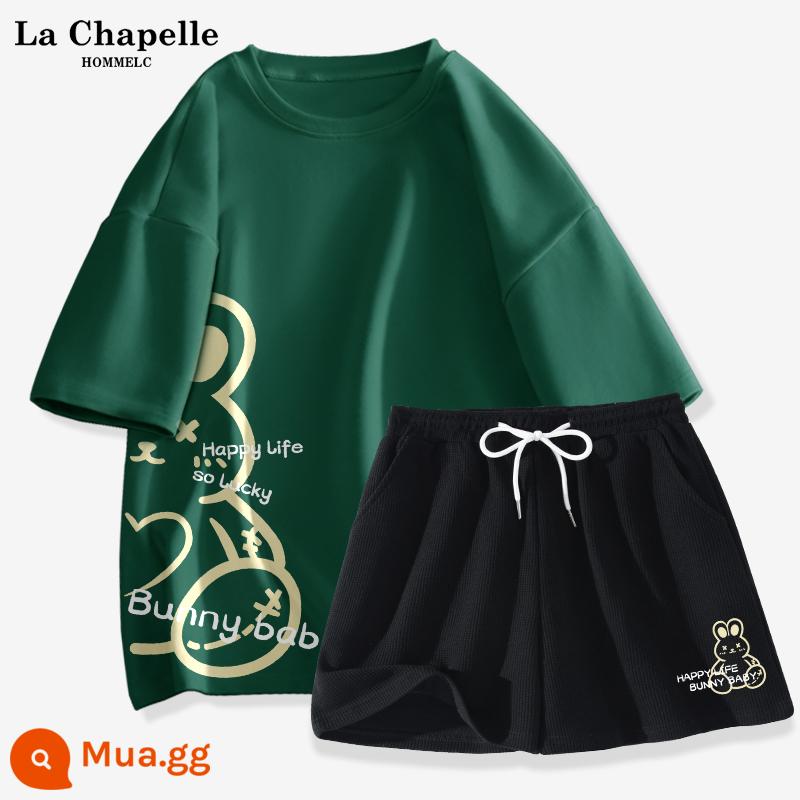 Quần short ngắn tay La Chapelle Bộ đồ thể thao nữ mùa hè 2023 học sinh cấp 2 mới đồ thể thao hai mảnh mùa hè J - Màu xanh đậm (dấu bên phải của thỏ Jinbao) + quần đen (dấu dưới cùng bên trái của quần Jinbao Rabbit)