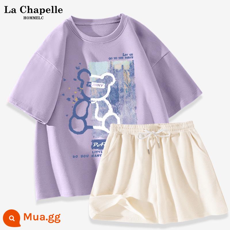 La Chapelle Bộ Đồ Thể Thao Nữ Mặc Mùa Hè 2023 Áo Thun Cotton Mùa Hè Mới Quần Short Nữ Tay Ngắn 2 Bộ - Khoai môn tím (gấu xanh) + quần trắng sữa (trống)