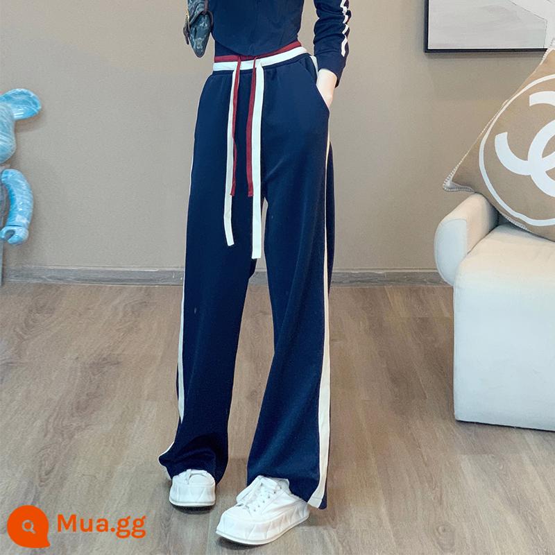 SETIM MỚI và Mùa đông Set New Semi -High -Kecked Zipper Fashion Plus Velvet Sweater Cao -end Wide -leg Pants hai bộ - Quần đơn mỏng màu xanh 9780