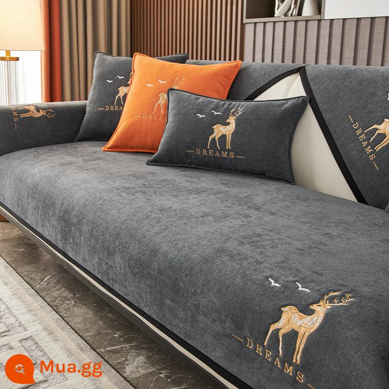 Bắc Âu Ghế Sofa Đệm Bốn Mùa Đa Năng Chống Trơn Trượt Đơn Giản Hiện Đại Viền Da Đệm Tay Tựa Lưng Khăn Bọc Vải - Linglu-màu xám đậm