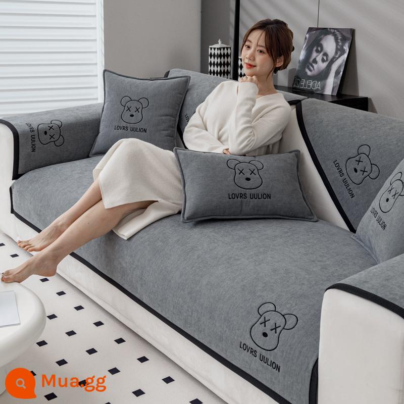 Bắc Âu Ghế Sofa Đệm Bốn Mùa Đa Năng Chống Trơn Trượt Đơn Giản Hiện Đại Viền Da Đệm Tay Tựa Lưng Khăn Bọc Vải - Bichon Frise-Xám cao cấp