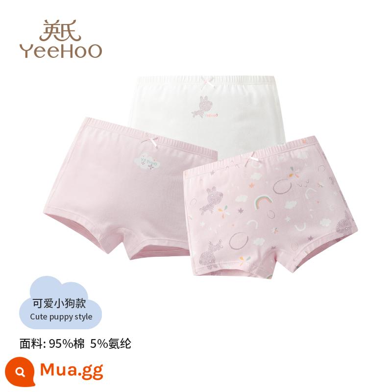 Quần lót trẻ em Ying quần đùi cotton nguyên chất kháng khuẩn cho bé gái Quần lót cotton bốn góc hạng A thoải mái cho bé gái - Phong cách cún con dễ thương (3 gói)