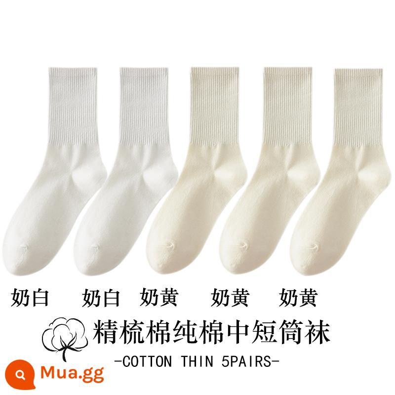 Vớ trắng nữ ống giữa mùa thu đông cotton nguyên chất khâu không xương hút mồ hôi khử mùi ống ngắn màu đen vớ nữ - [Phiên bản dài] 2 màu trắng sữa + 3 màu vàng sữa