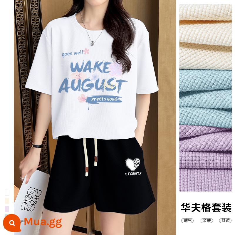 Bộ quần áo thể thao Jeanswest LIFE quần áo mùa hè nữ 2023 mới rộng rãi quần short ngắn tay hai mảnh giản dị thủy triều mùa hè - [Phiên bản dài vừa phải] Trắng - hoa và graffiti + [quần ba phần tư] đen - bột yêu k