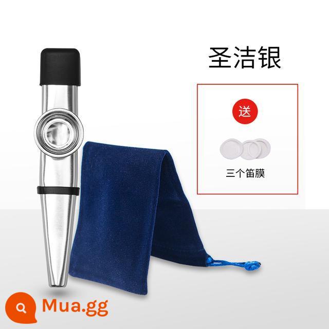 Sáo kim loại chuyên nghiệp Kazu KAZOO dành cho người mới bắt đầu sáo Kazu nhạc cụ nhỏ mà không cần học - Bạc nâng cấp + túi nhung + màng ba sáo + mũ đội đầu