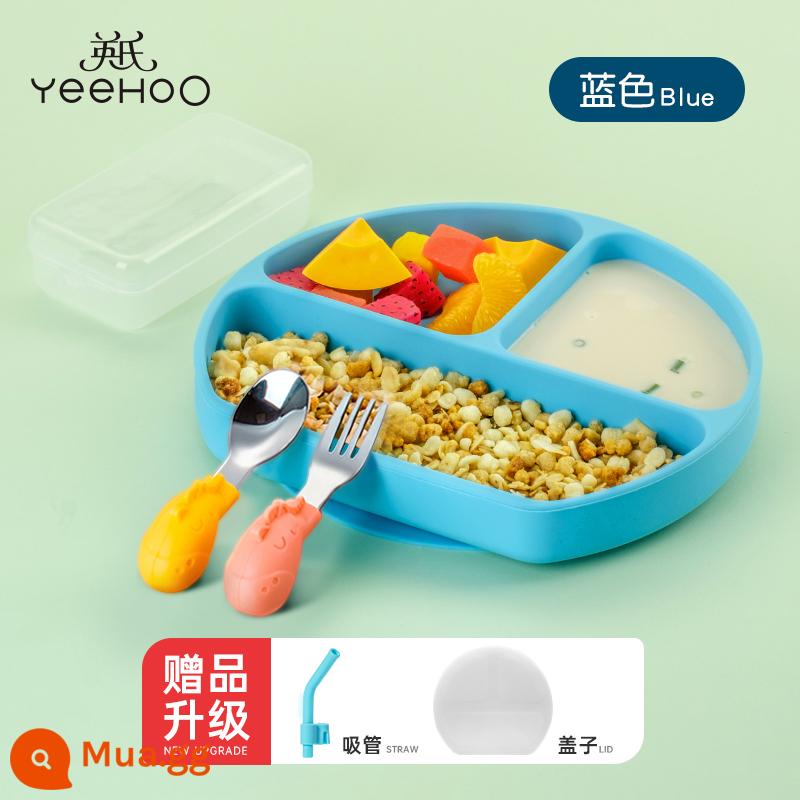 Ying's baby Dĩa ăn dặm silicone trẻ em học ăn bát kiểu mút dễ thương cho trẻ sơ sinh và trẻ nhỏ với đĩa lưới thức ăn không chủ yếu 1991 - Màu xanh da trời + tấm che bụi kháng khuẩn miễn phí + nĩa và thìa tập tay cầm ngắn [chất liệu dùng cho thực phẩm]