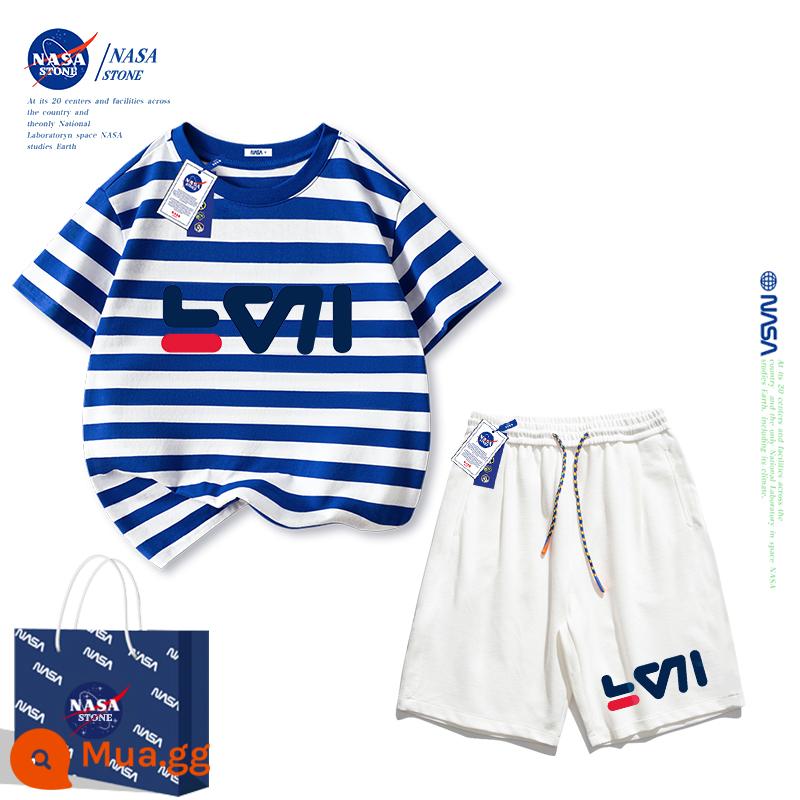 Bộ quần áo mùa hè cho bé trai của NASA áo thun cotton nguyên chất 2023 thương hiệu mới hợp thời trang mùa hè dành cho nữ quần áo thể thao cho bé trai lớn - Sọc xanh trắng + quần trắng