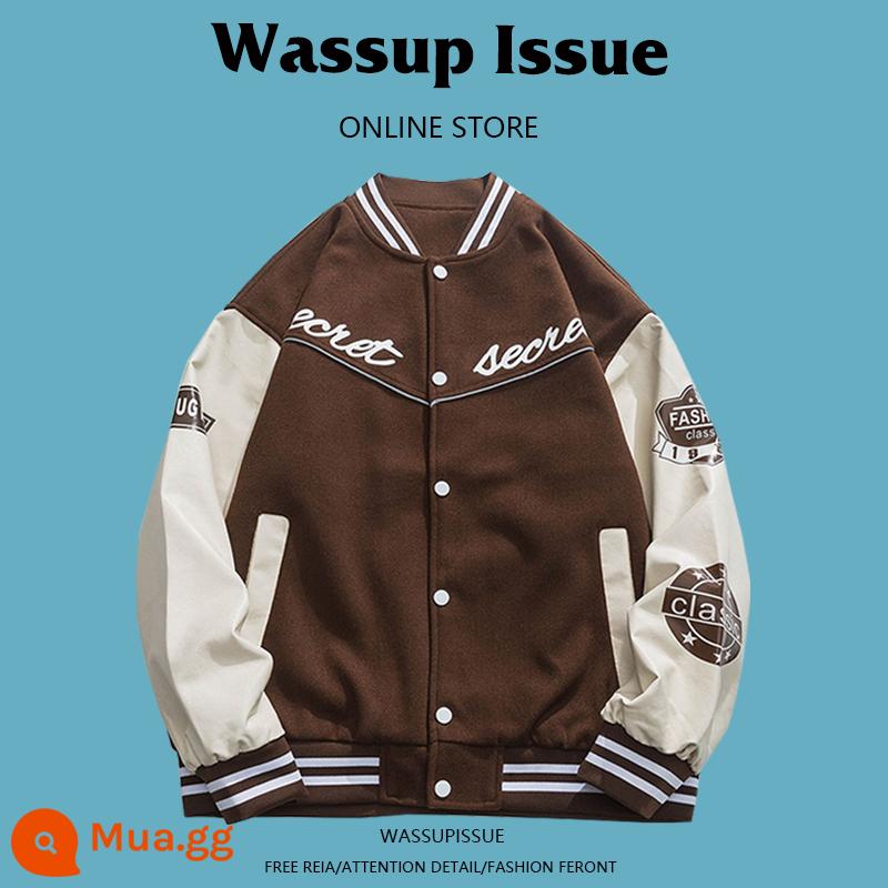 WASSUP ISSUE Đồng phục bóng chày Mỹ áo khoác dày nam cặp đôi hợp thời trang thương hiệu áo khoác bomber mùa đông - Nâu 22121