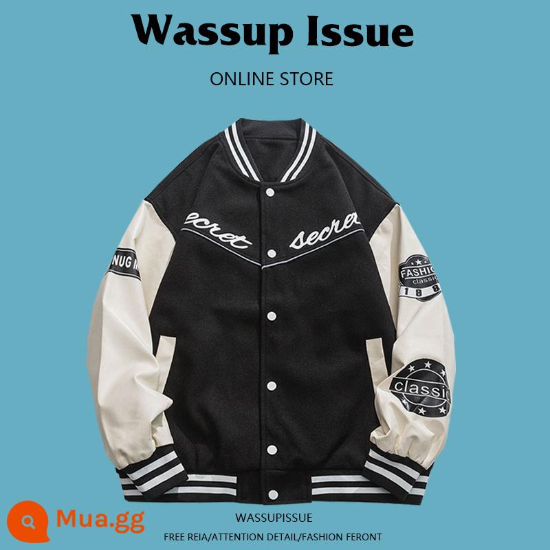 WASSUP ISSUE Đồng phục bóng chày Mỹ áo khoác dày nam cặp đôi hợp thời trang thương hiệu áo khoác bomber mùa đông - Đen 22121