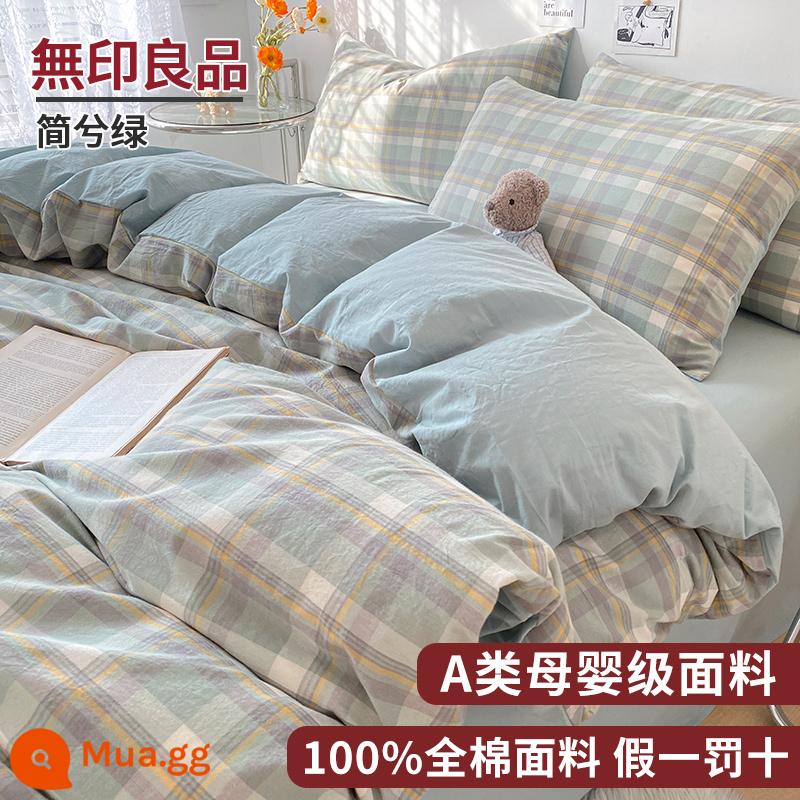 Muji giường 4 món cotton nguyên chất 100 cotton ga trải giường vỏ chăn ga gối vỏ chăn ký túc xá đơn 3 mảnh - Jian Xi Green [100% cotton loại A dành cho bà mẹ và trẻ sơ sinh]