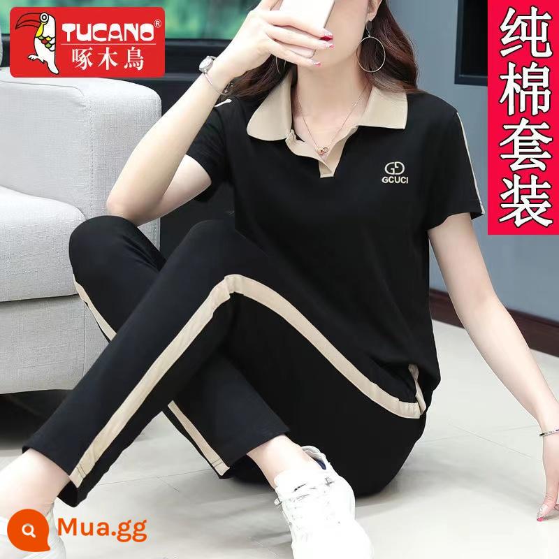 Woodpecker chính hãng ve áo thể thao phù hợp với phụ nữ mùa hè 2023 cotton mới ngắn tay crop quần giản dị hai mảnh - Đen [Quần Suit]-8721