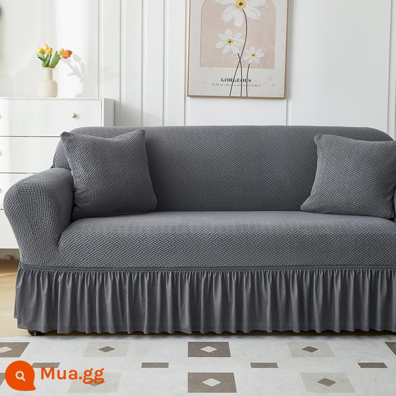 Vỏ bọc ghế sofa một hai ba hàng thẳng Vỏ bọc đàn hồi bao gồm tất cả bốn mùa đơn kiểu cũ - Lưới chữ T - xám đậm (kiểu váy)