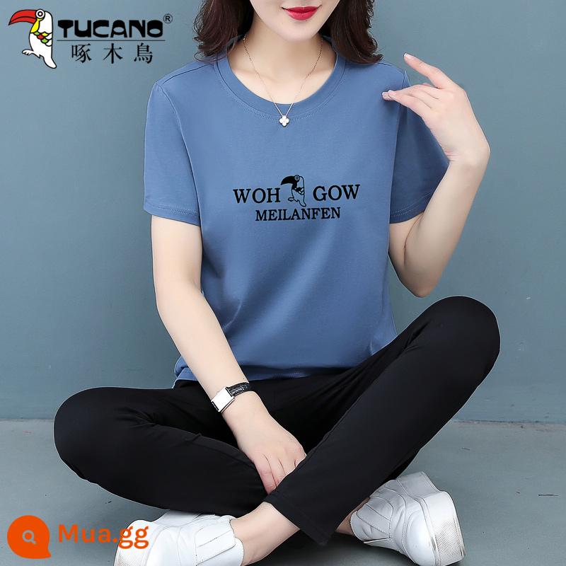 Chim Gõ Kiến Cotton Nguyên Chất Thường Phù Hợp Với Nữ Mùa Hè 2023 Mới Rộng Kích Thước Lớn Tay Ngắn Chạy Thể Thao 2 Bộ - Quần ngắn tay màu xanh sương mù