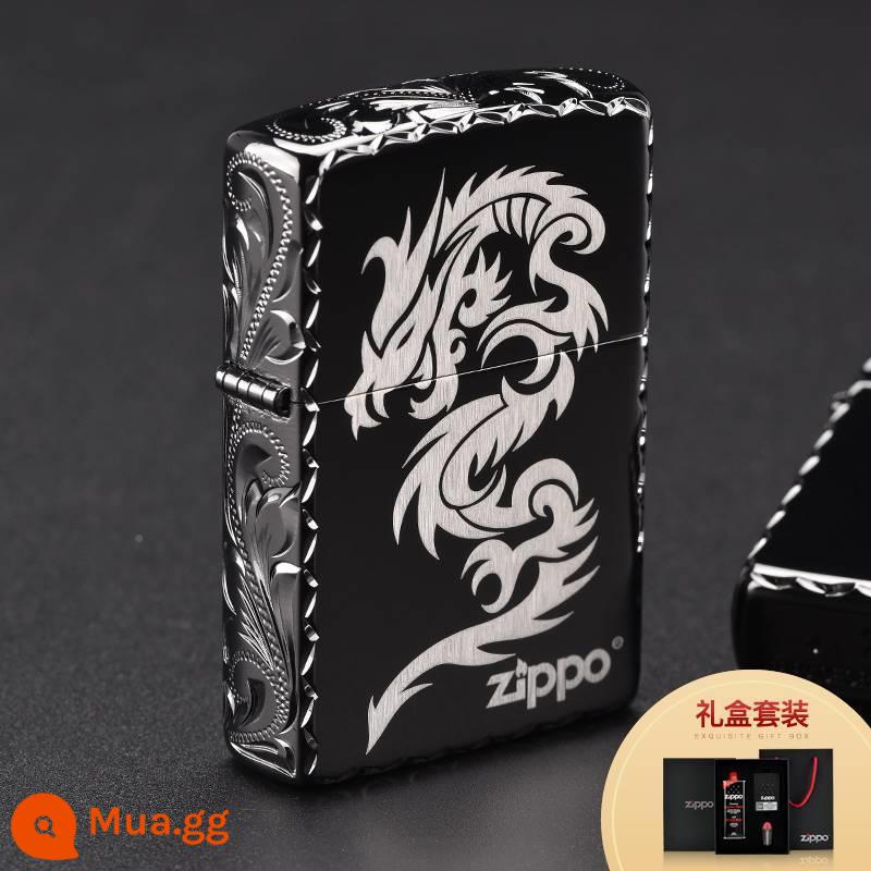 Bật lửa pZPPO1 Zhibao nam chính hãng zioop khắc đá đen zpo tùy chỉnh khắc chữ I word official website giới hạn chính hãng - Rồng khắc băng đen du hành thế giới (Bộ hộp quà)