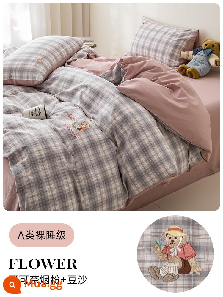 TeenieWeenie cotton đã giặt cotton bộ 4 món 100 cotton nguyên chất chăn ga trải giường được trang bị ga trải giường bộ 3 món 4 - FLOWER- Bột khói dừa + bột đậu