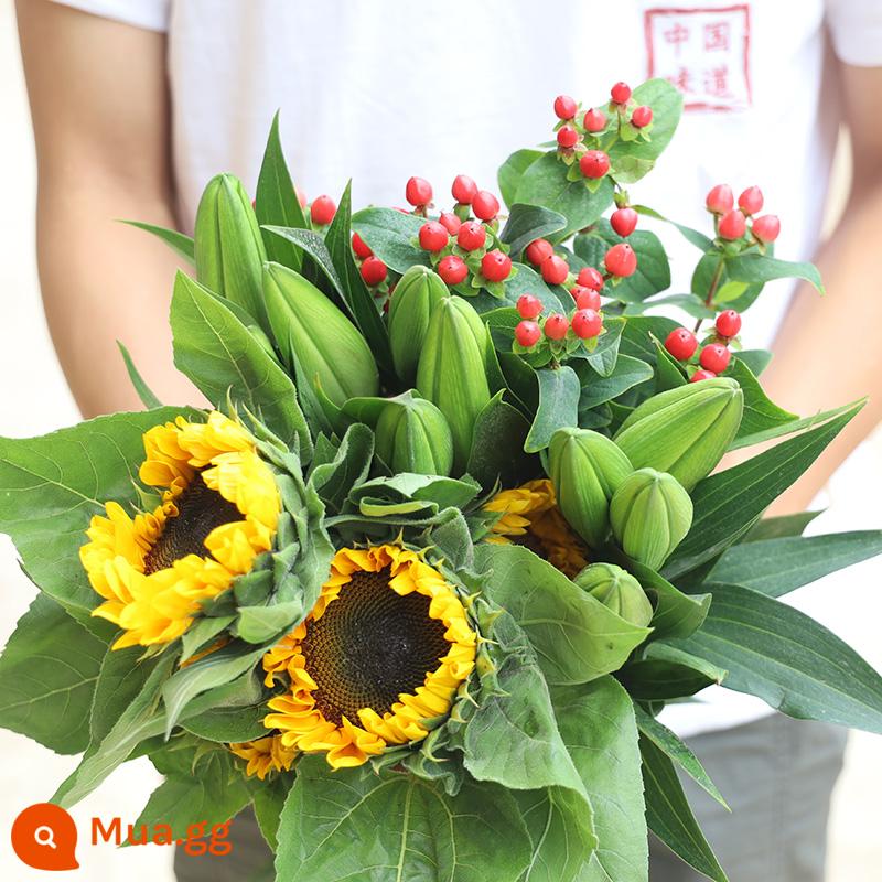 Bó hoa hương lily cơ sở Vân Nam giao hàng trực tiếp cùng thành phố giao hoa hướng dương đậu đỏ quà sinh nhật hoa thủy canh - 6 bông huệ ngẫu nhiên + 2 hoa hướng dương + 2 đậu đỏ (không chất bảo quản)