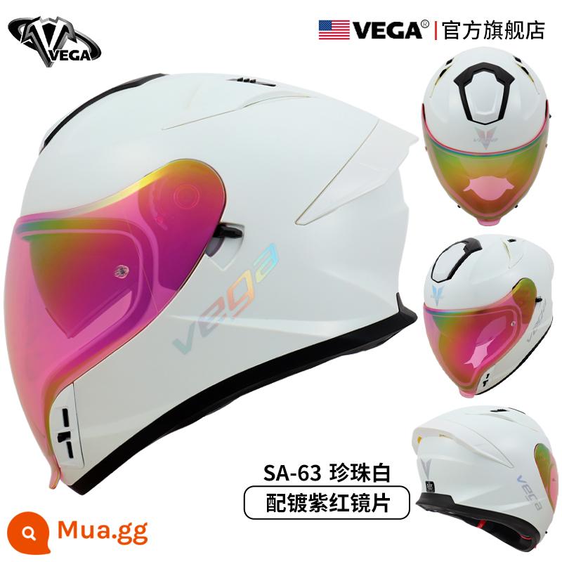 Mỹ VEGA Xe Máy Mũ Nam Nữ Mùa Đông Chống Sương Mù Đua Xe Máy Full Mũ Bảo Hiểm Đuôi Lớn Cá Tính Thoáng Mát chạy Bluetooth - Màu trắng ngọc trai mạ tím