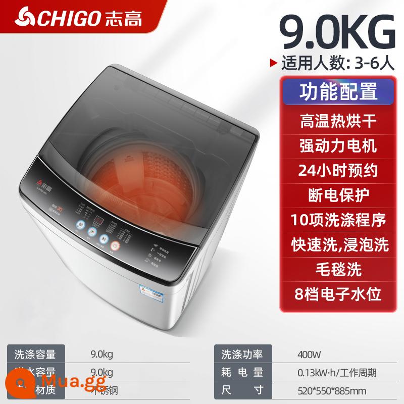 Máy giặt Zhigao 6/7.5KG hoàn toàn tự động cho hộ gia đình nhỏ ký túc xá giặt và sấy bánh xe sóng 8.2 All medium - 9,0 kg màu xám trong suốt/loại khô