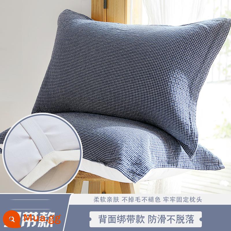 Gối Chống Trơn Trượt Nguyên Chất Cotton Mới Cặp Dây Cố Định Chống Rơi Gối Cotton Gạc Thấm Hút Mồ Hôi Cặp Đôi Người Lớn - Một đôi vỏ gối dây lưới mịn màu xanh đậm, gạc ba lớp cotton nguyên chất