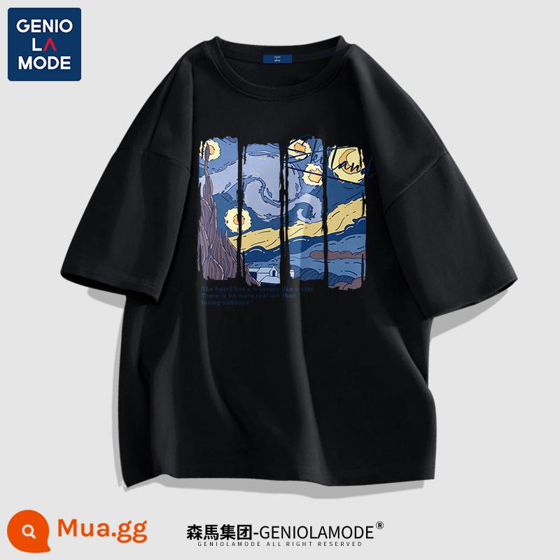 Semir Nhóm GENIOLAMODE mùa hè Mỹ retro tay ngắn nam cỡ lớn thủy triều thương hiệu cotton cặp đôi trang phục Áo Thun R - Màu đen (bức tranh bầu trời đầy sao)