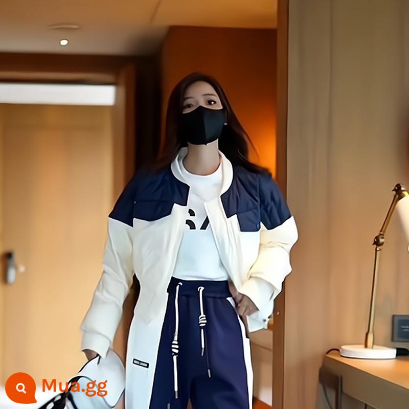 Bộ đồ thể thao thường ngày màu đen cho nữ mùa đông thời trang phong cách phương Tây áo khoác cotton và quần thể thao nhung cao cấp, mỏng, ấm áp - Áo khoác cotton 9253 xanh trắng