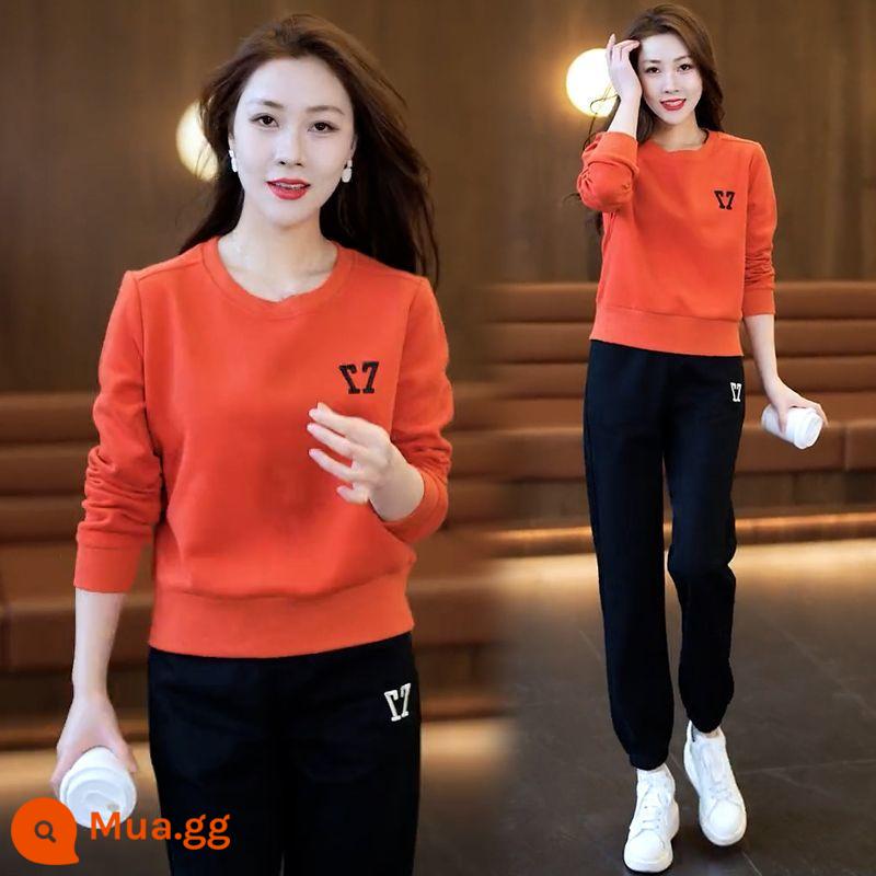 Bộ đồ thể thao có hàm lượng cotton cao thường ngày cỡ lớn dành cho nữ xuân thu 2023 quần thể thao hai mảnh cotton dày mới thời trang - Quả cam