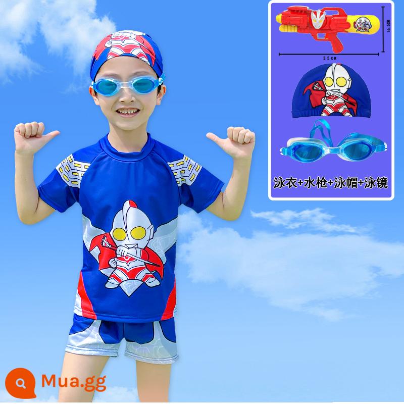 Áo tắm bé trai Áo tắm một mảnh hai mảnh Ultraman cho bé 2023 phong cách mới phong cách nước ngoài bé trai mùa hè - Mũ bơi miễn phí màu xanh + [kính bơi] + súng nước hai mảnh