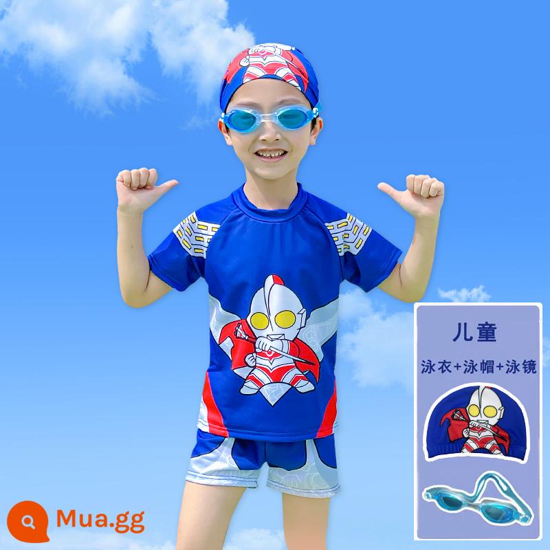 Áo tắm bé trai Áo tắm một mảnh hai mảnh Ultraman cho bé 2023 phong cách mới phong cách nước ngoài bé trai mùa hè - Mũ bơi miễn phí màu xanh lam + [kính bơi] hai mảnh