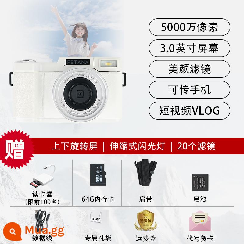 Máy ảnh kỹ thuật số CCD sinh viên vẻ đẹp độ nét cao có thể VLOG selfie retro máy ảnh siêu nhỏ cấp đầu vào máy ảnh du lịch dành cho nữ - Ống kính lấy nét tự động 50 triệu pixel + 64G + màu trắng mới