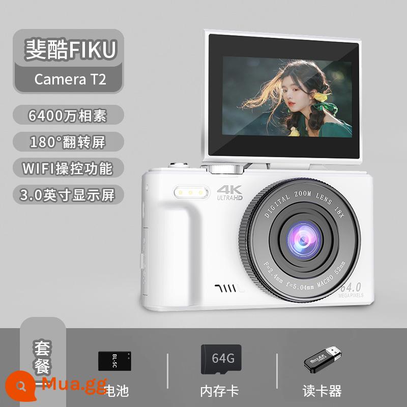 Feiku có thể lật camera micro ống kính đơn HD 4K màn hình lật sinh viên du lịch di động cấp nhập cảnh tại nhà - Gói Một: Màn hình lật màu trắng ngà + Truyền WiFi + Pin × 1 + 64G + Đầu đọc thẻ